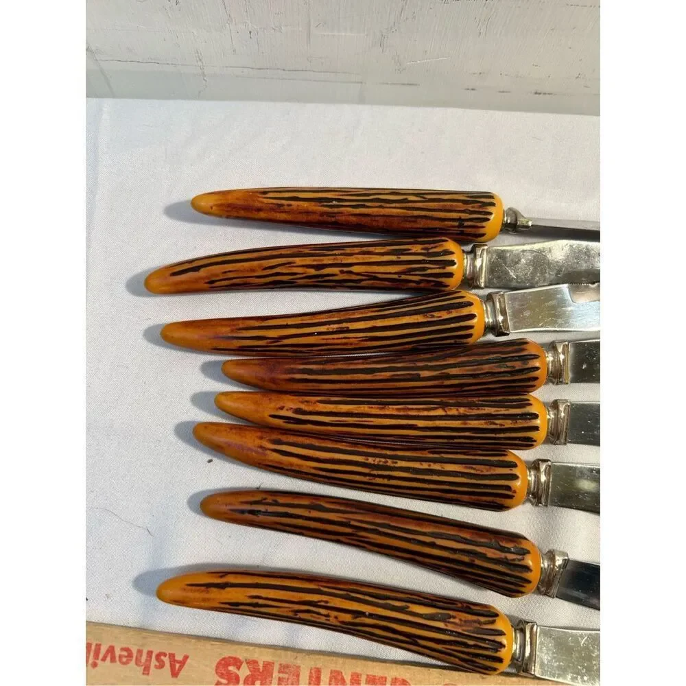 8 Blade Sheffield serrated knives‎ vintage replacements faux horn handle
